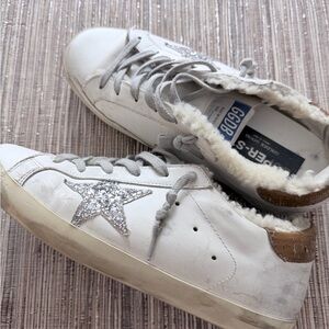 Golden Goose White Sneakers with Shearling and Silver Star Detail size 40